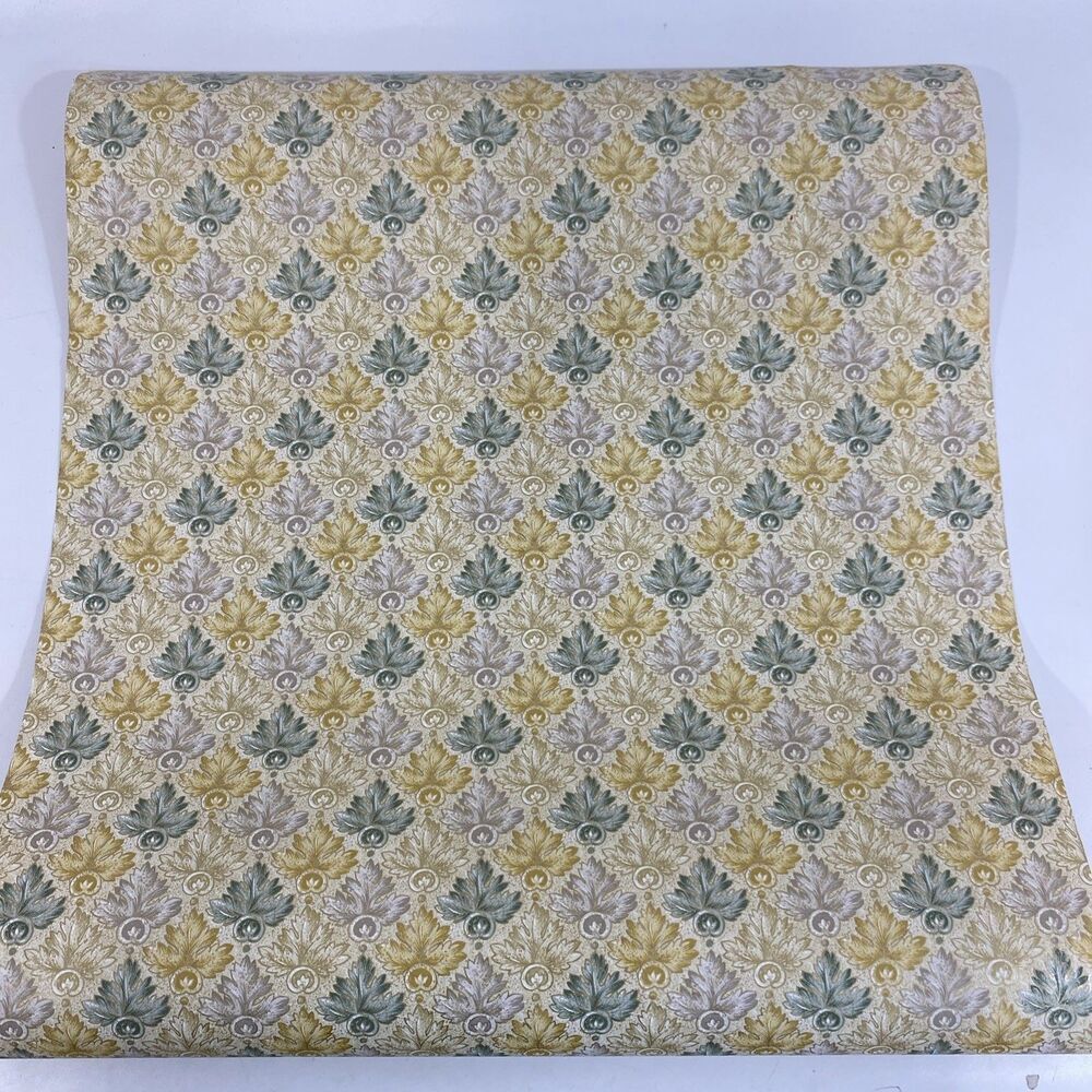 Old Vintage Wallpaper Textured Metallic 1970s‎ Regency Green Gold Silver Damask